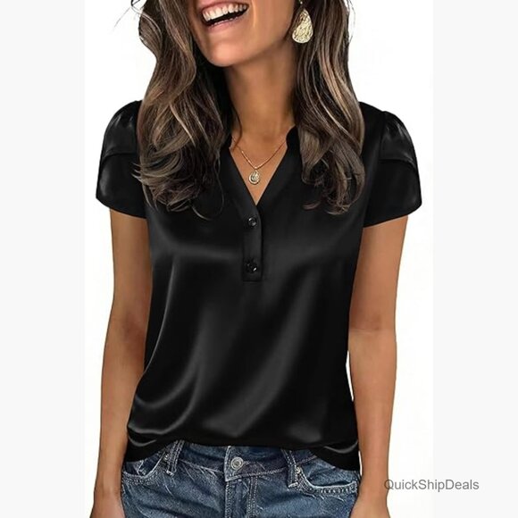 Tops - Satin Button Down Shirt V Neck Cap Sleeve Blouse for Business Casual